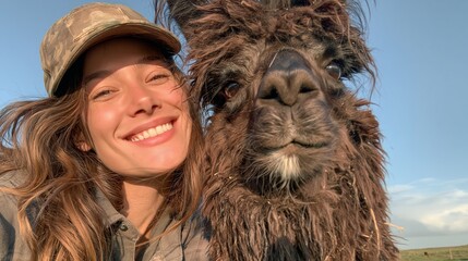 Naklejka premium Woman in a baseball cap smiling, capturing a playful moment with a fluffy brown alpaca, expressing companionship and happiness