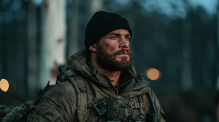 Fototapeta premium Bearded man standing in a dark forest, wearing a warm jacket and tactical gear, looking away with a determined expression