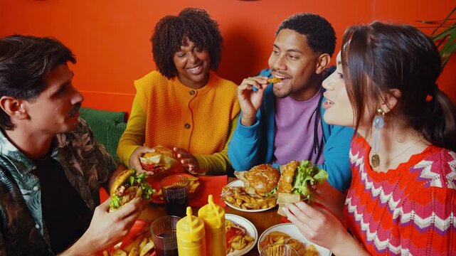 Multiethnic group of friends having meal at 80s vintage diner restaurant - Multiracial young people bonding and having fun, eating in an american fast food burger house