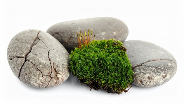Green moss growing between smooth gray stones.
