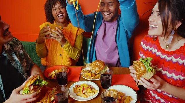 Multiethnic group of friends having meal at 80s vintage diner restaurant - Multiracial young people bonding and having fun, eating in an american fast food burger house