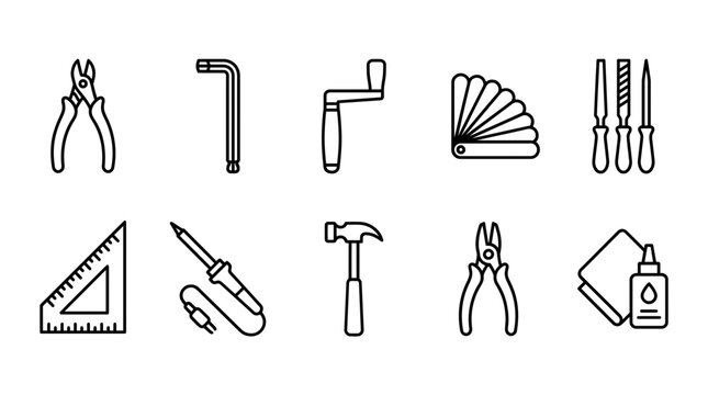 Ten blackline icons of various workshop hand tools arranged in two rows