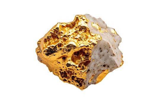 IA generated, raw native gold nugget in white quartz matrix isolated on pure white background. Geological precious metal sample.