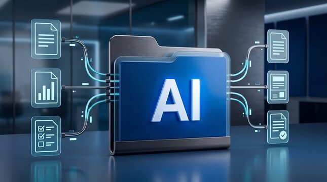 Artificial intelligence document management system folder connecting digital files for automated enterprise workflow processing