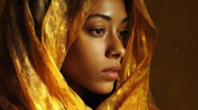 Elegant woman in golden veils reflecting soft golden light, ethereal portrait for spiritual and cultural branding