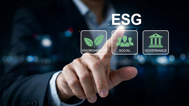 ESG environment social governance business sustainability close up hand touchscreen technology concept with professional finger pressing digital interface