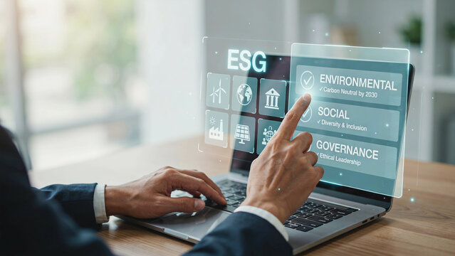 ESG environmental social governance business sustainability digital interface laptop screen professional hand selecting corporate responsibility dashboard in modern office