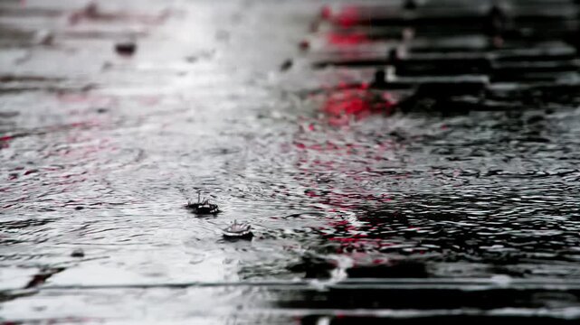 Rainwater Streams on the Sidewalk. Drops of rain fall on the paving slab. On a wet surface, the lights of the city are reflected
