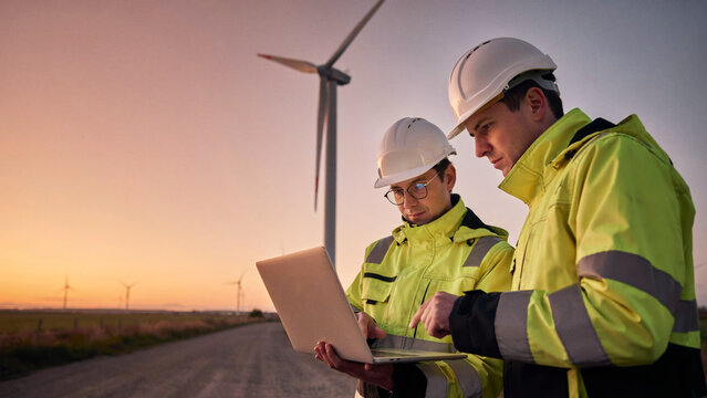 Wind turbine engineer worker laptop renewable energy technician outdoor sunset review data near wind farm with hard hat and safety jacket
