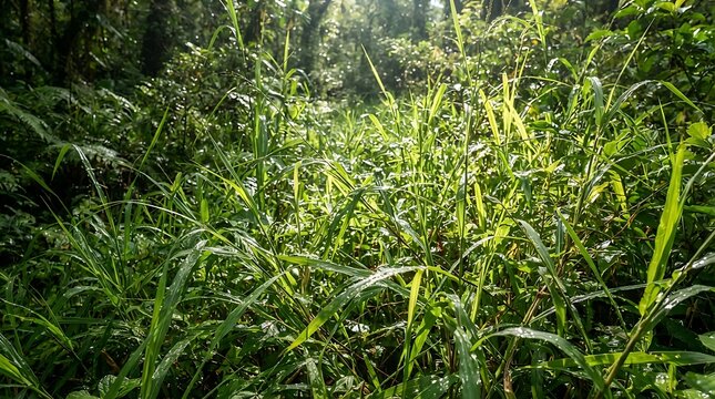 Vibrant green grass and foliage with sparkling dew drops in sunlight