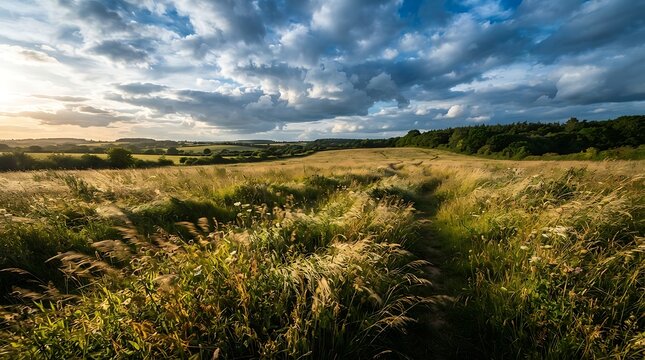 Winding path through a sunlit golden field under dramatic clouds