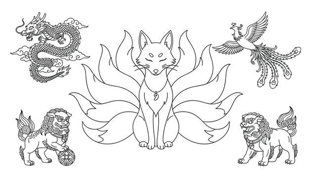 Asian Mythological Creature Line Icon Set Featuring Nine Tailed Kitsune Fox, Imperial Dragon, Phoenix Bird, and Foo Dog Guardian Lion Statues Vector Graphic