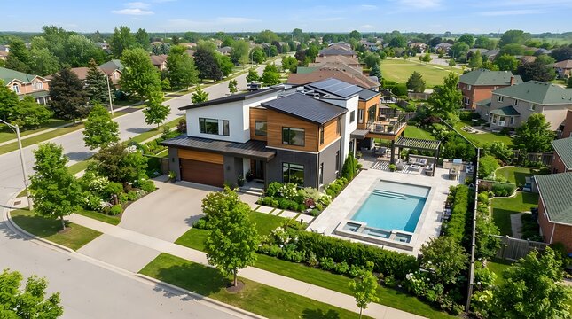 Modern luxury home with pool and solar panels in suburban neighborhood