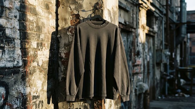 Dark grey oversized sweatshirt hanging on a gritty urban brick wall