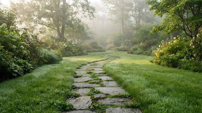 Stone path winding through a misty garden with lush greenery and flowers