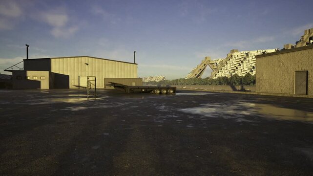 Deserted industrial yard at golden hour, low sun casting long shadows across wet asphalt and shallow puddles, corrugated hangars framing distant snowcapped