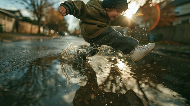 Energetic child playing outdoors, leaping through a rain puddle on a wet road, embodying childhood freedom and happiness