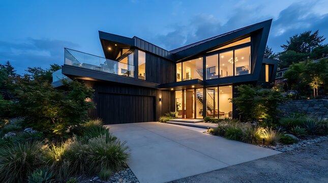 Modern luxury home exterior at twilight with architectural lighting