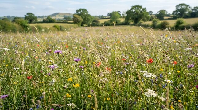 Vibrant wildflower meadow in the english countryside during summer