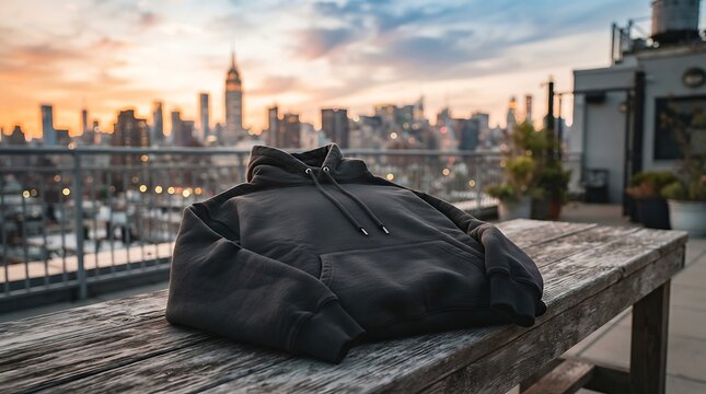 Dark grey hoodie sweatshirt on a wooden table with a city skyline view