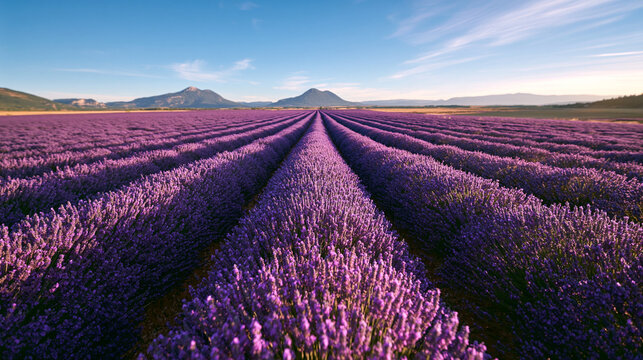 Blooming Purple Lavender Field Rows with Distant Mountains