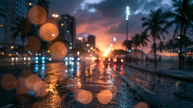 Wet City Street at Sunset with Bokeh Reflections