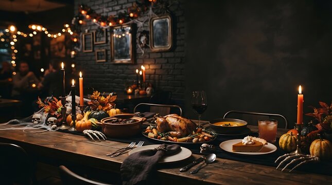 Festive halloween dinner table setting with roasted turkey and pumpkin pie