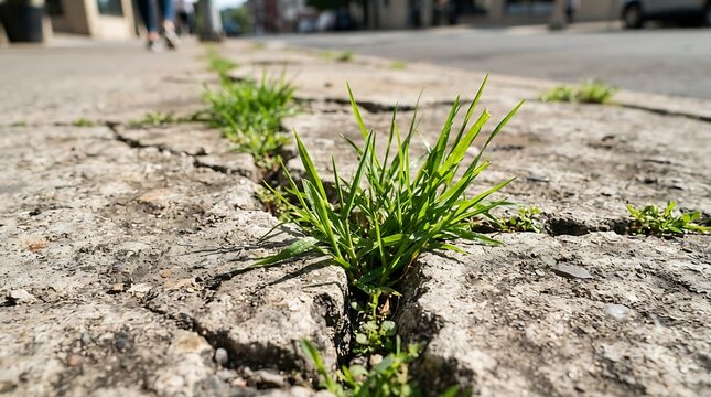 Green grass growing through a crack in a concrete sidewalk