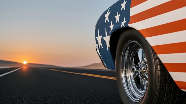 American flag painted muscle car cruising on open desert road at sunrise, symbolizing freedom and journey
