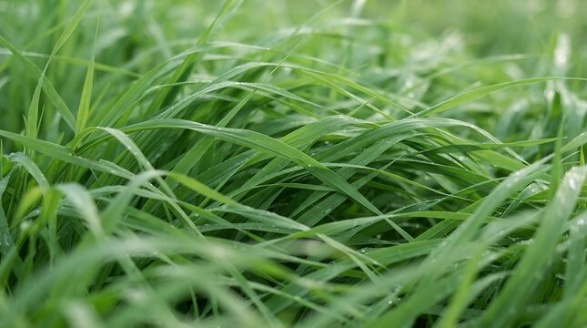 Closeup of fresh green grass blades with morning dew drops