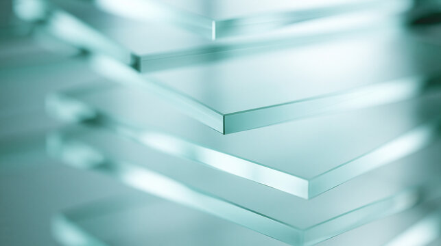 Layers of Polished Transparent Glass Sheets Close-Up
