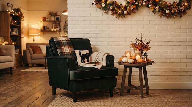 Cozy autumn living room interior with green armchair and fall decor