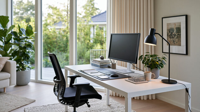 Modern Home Office Workspace with Computer and Garden View