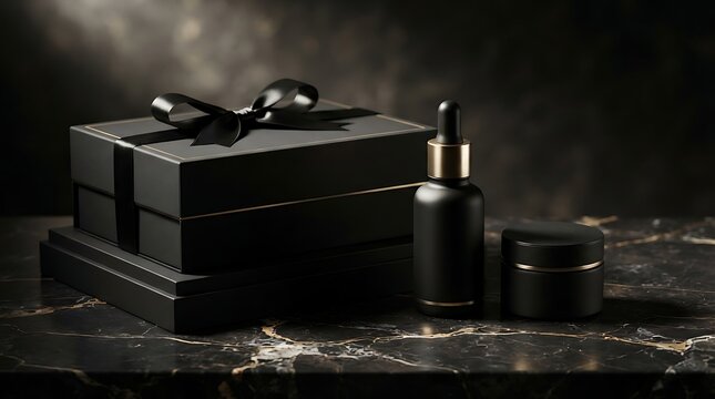 Luxury skincare set with black gift box, dropper bottle and cream jar