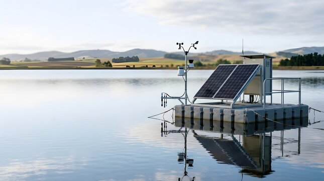 solar powered floating monitoring platform on an agricultural irrigation reservoir for water quality, weather sensing and remote resource management