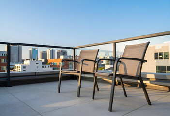 Fototapeta premium Urban rooftop terrace with empty chairs, city skyline view, outdoor living and modern architecture design
