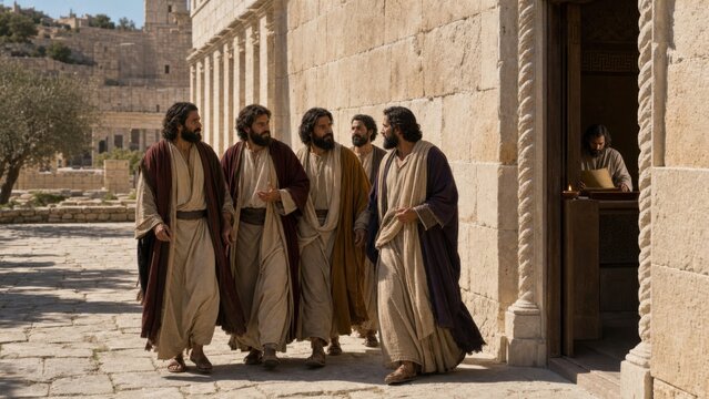 Five biblical men in ancient robes walk past a stone synagogue while a scribe reads a scroll inside, illustrating ignored scripture and the parable of Lazarus and the rich man.