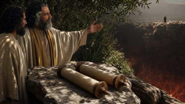 Abraham teaches beside ancient scrolls while Lazarus stands across the great chasm, illustrating the biblical parable of the rich man and Lazarus, judgment, faith, and spiritual separation