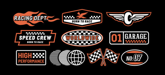 Vintage motorsport vector badge set with racing emblems, checkered flags, speed graphics, garage labels and retro automotive typography for apparel and branding. © cddesign.co