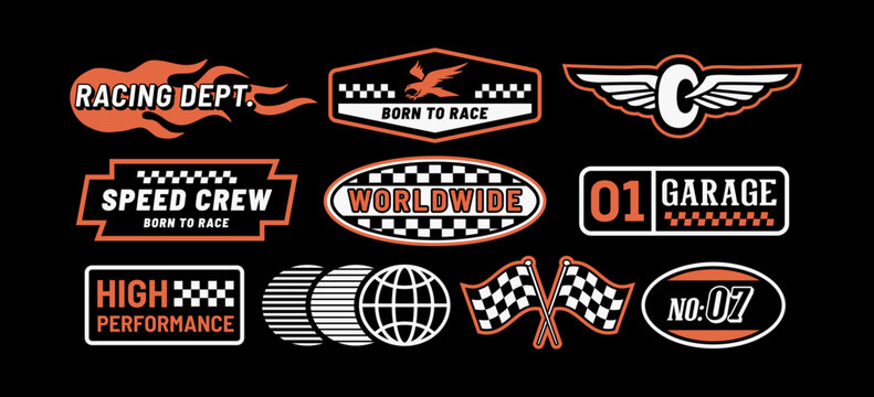 Vintage motorsport vector badge set with racing emblems, checkered flags, speed graphics, garage labels and retro automotive typography for apparel and branding.