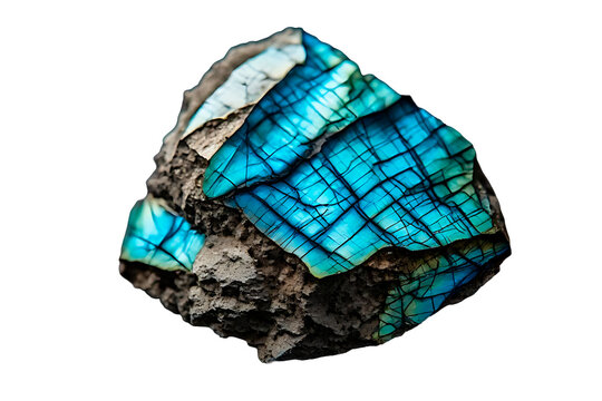 IA generated, raw labradorite mineral specimen with blue and green labradorescence iridescence isolated on dark grey background.