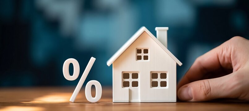 House model with a percentage symbol representing real estate mortgage interest rates and loans