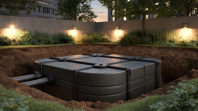 Modern underground water storage tank installed in landscaped garden area under warm ambient lighting at dusk