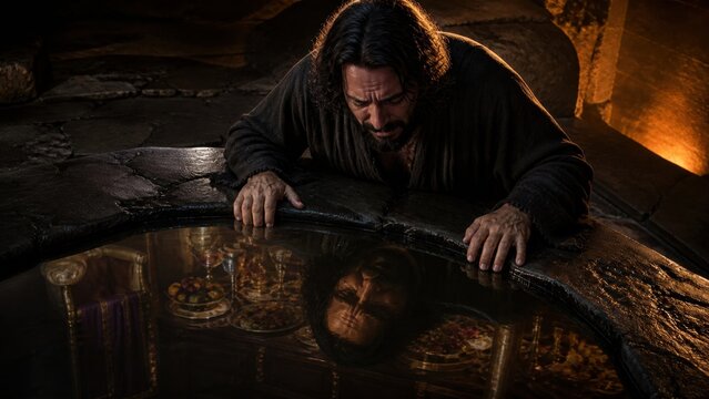 Desperate rich man reaching from torment toward a reflected feast, illustrating the biblical parable of Lazarus and the rich man, spiritual judgment and consequences of selfishness