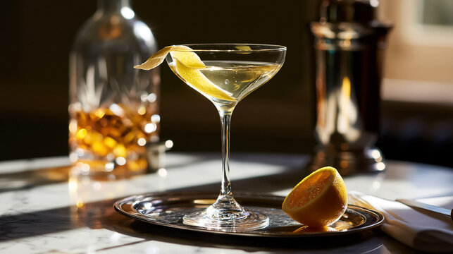 Martini cocktail with lemon peel garnish on a reflective silver tray, standing on a marble table with soft shadows