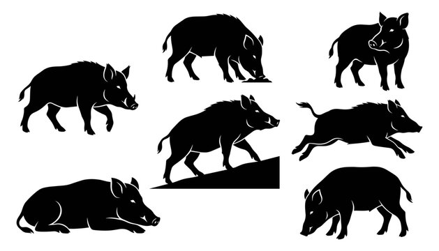 Wild Boar Silhouette Icon Set with Running, Standing, Resting, and Foraging Poses for Hunting and Nature Vector Designs