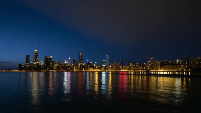 Stunning Nighttime Cityscape with Reflections in Water Showcasing Urban Life and Architecture of a Vibrant City Skyline at Dusk. Generative AI