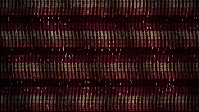 Binary code digits flowing across a dark digital background with shifting red and gold illumination