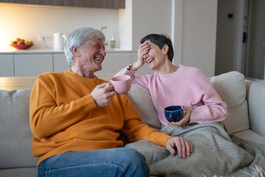 Joyful elderly couple enjoying conversation and funny stories sitting together at home on couch, positive senior husband and wife share love and bonding, healthy relationships, harmony in retirement.