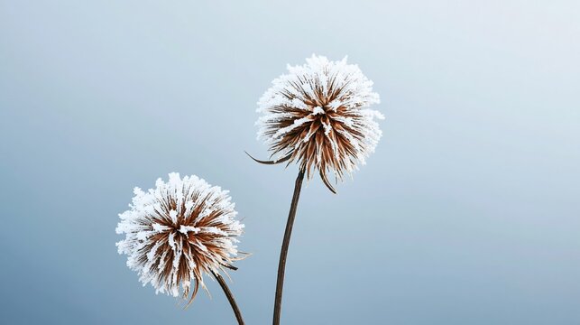 Dried seed heads accumulating delicate frost crystals on slender stems during winter, creating a serene, cold nature scene